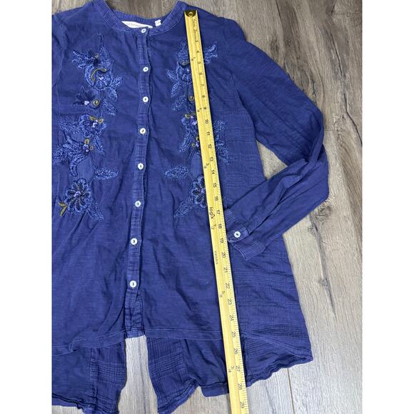Soft Surroundings Embroidered Navy Tunic Top M Button Front Long Sleeve Boho - Picture 2 of 8